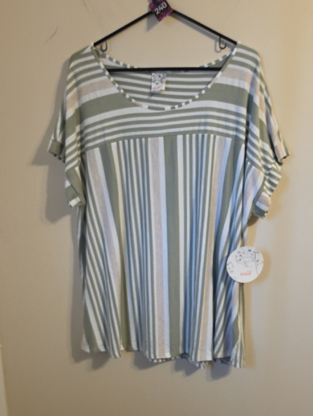 Naif Green and White Striped Short Dolman Sleeve Tunic Blouse. NWT.